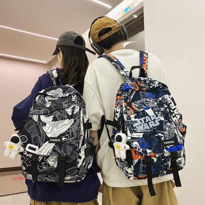 PULEWEI Nylon Backpack Regular Unisex White Shoes/Black Graffiti/White Blue/White Red-8