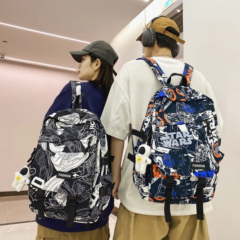 PULEWEI Nylon Backpack Regular Unisex White Shoes/Black Graffiti/White Blue/White Red-9