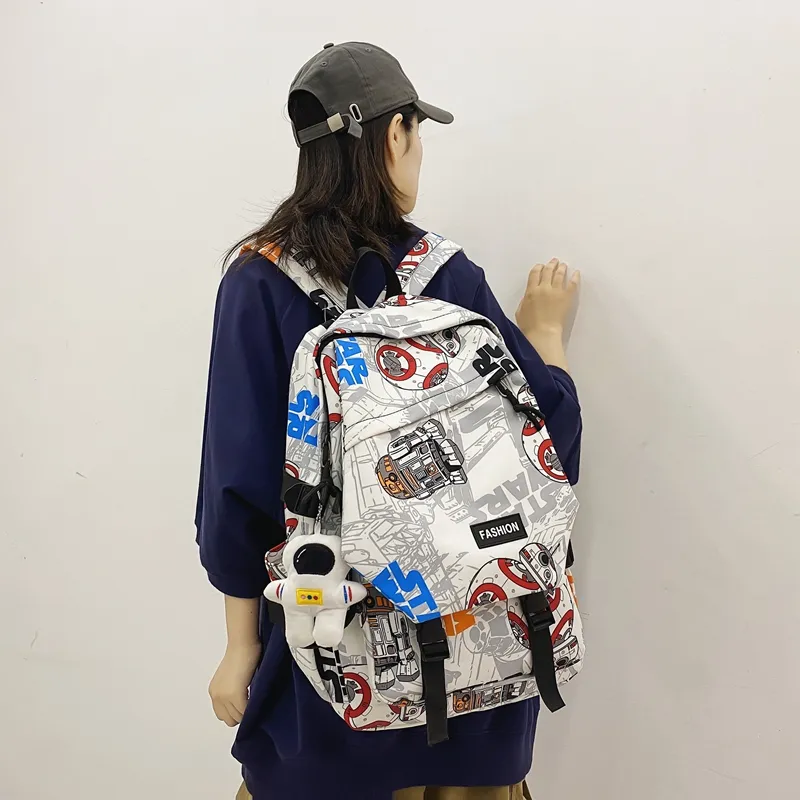 PULEWEI Nylon Backpack Regular Unisex White Shoes/Black Graffiti/White Blue/White Red-21