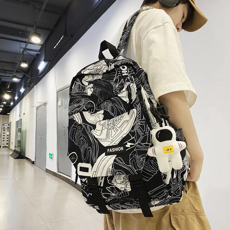 PULEWEI Nylon Backpack Regular Unisex White Shoes/Black Graffiti/White Blue/White Red-5