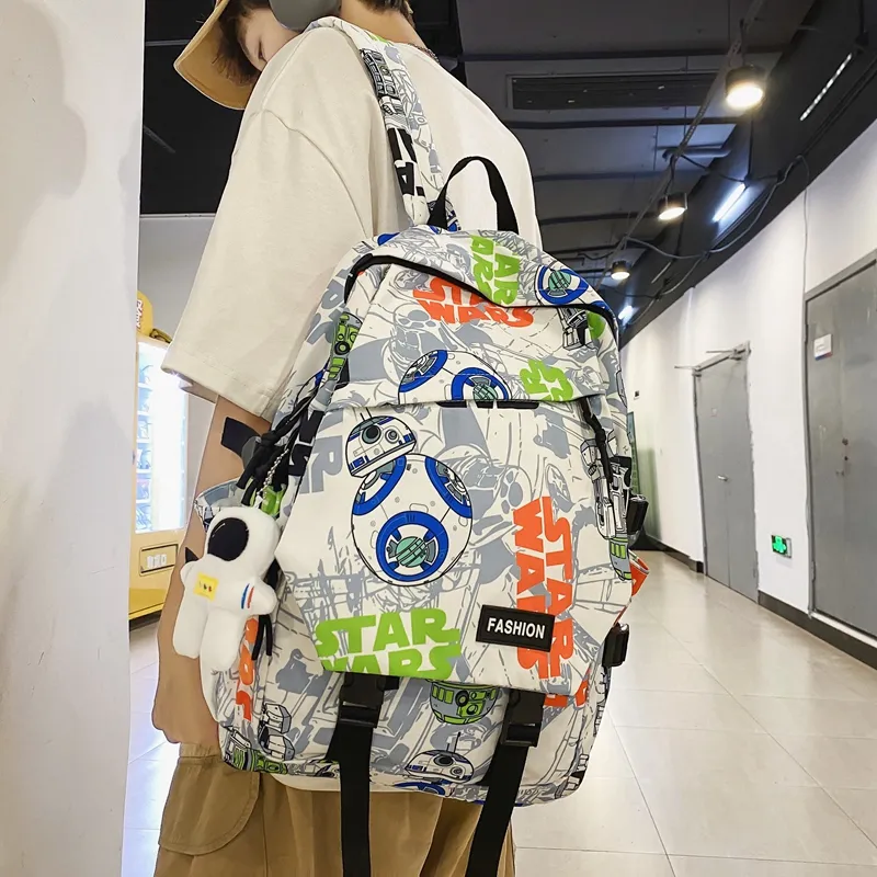 PULEWEI Nylon Backpack Regular Unisex White Shoes/Black Graffiti/White Blue/White Red-17