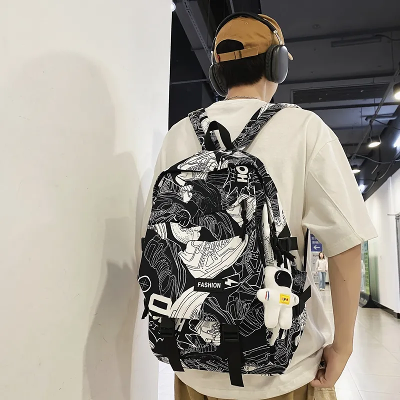 PULEWEI Nylon Backpack Regular Unisex White Shoes/Black Graffiti/White Blue/White Red-3