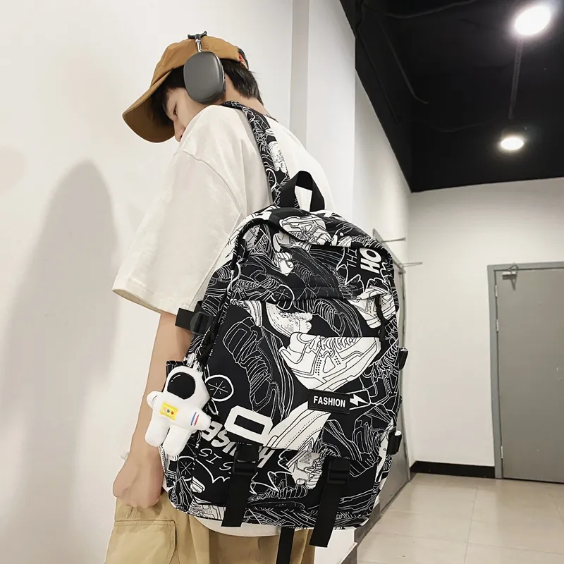 PULEWEI Nylon Backpack Regular Unisex White Shoes/Black Graffiti/White Blue/White Red-1