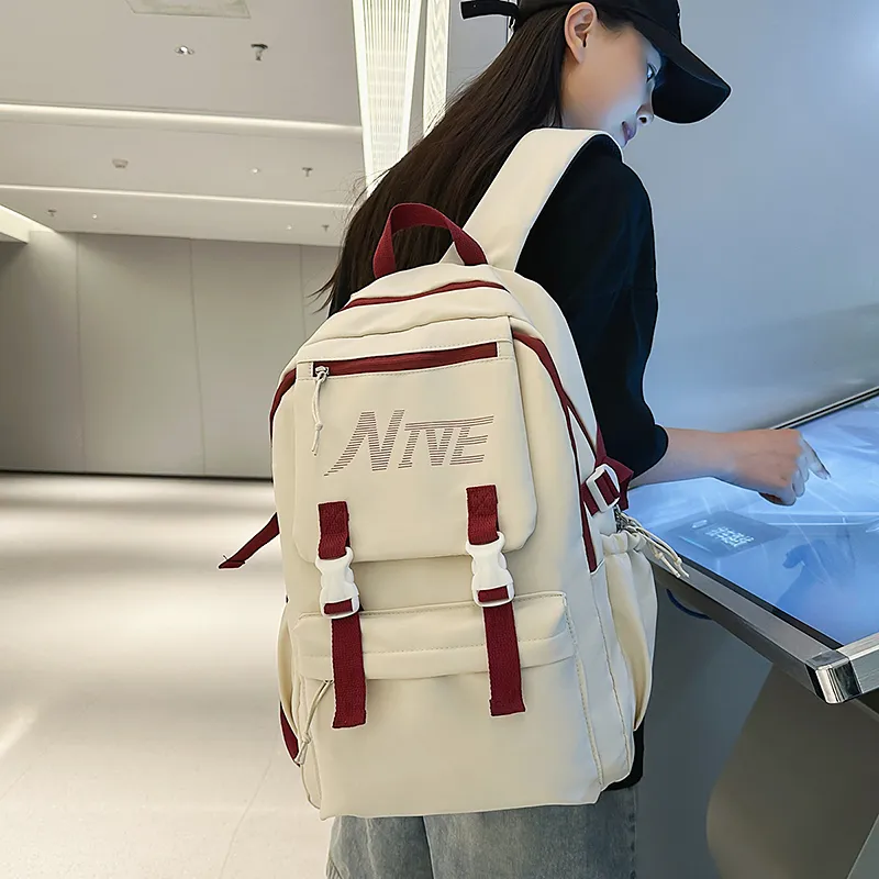 PULEWEI Nylon Backpack Regular Unisex White/Black/Burgundy/Light Blue-5