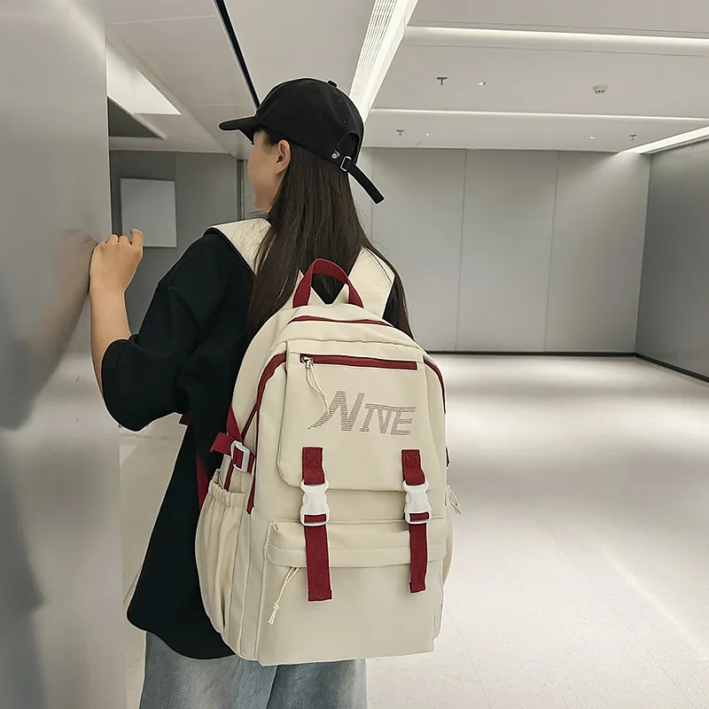 PULEWEI Nylon Backpack Regular Unisex White/Black/Burgundy/Light Blue-3