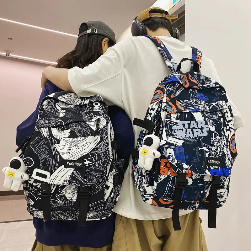 PULEWEI Nylon Backpack Regular Unisex White Shoes/Black Graffiti/White Blue/White Red-10