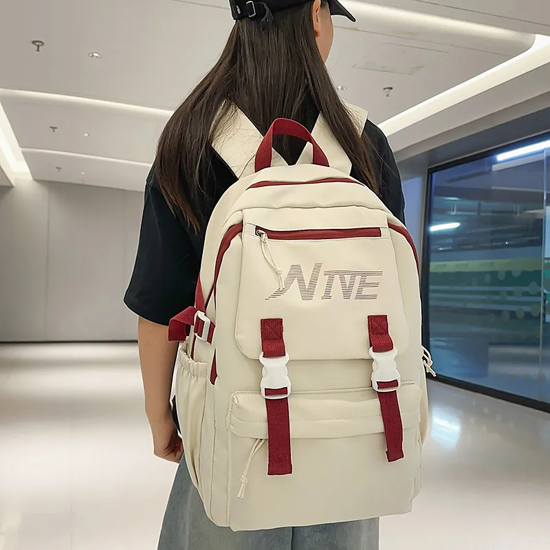PULEWEI Nylon Backpack Regular Unisex White/Black/Burgundy/Light Blue-2