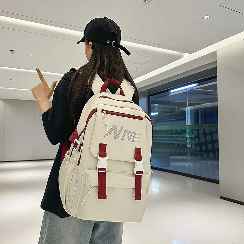 PULEWEI Nylon Backpack Regular Unisex White/Black/Burgundy/Light Blue-1