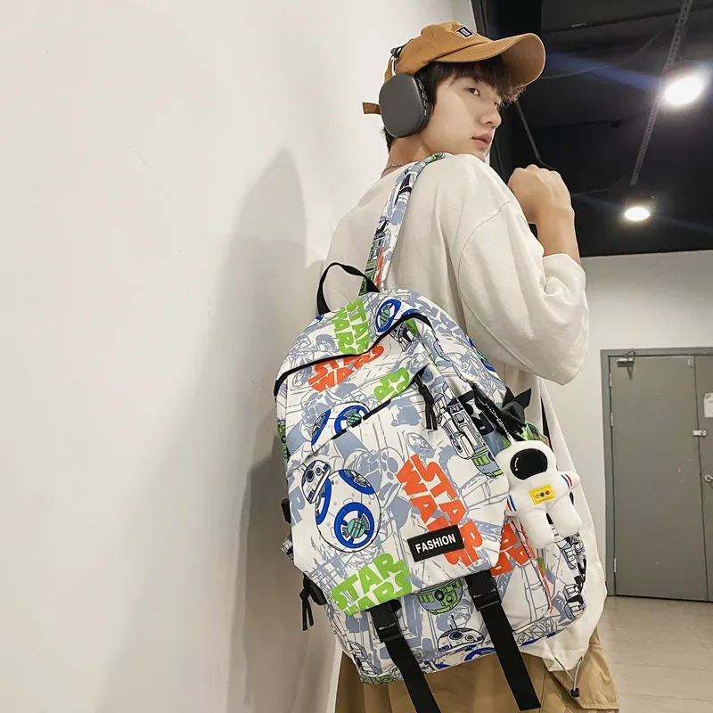 PULEWEI Nylon Backpack Regular Unisex White Shoes/Black Graffiti/White Blue/White Red-18