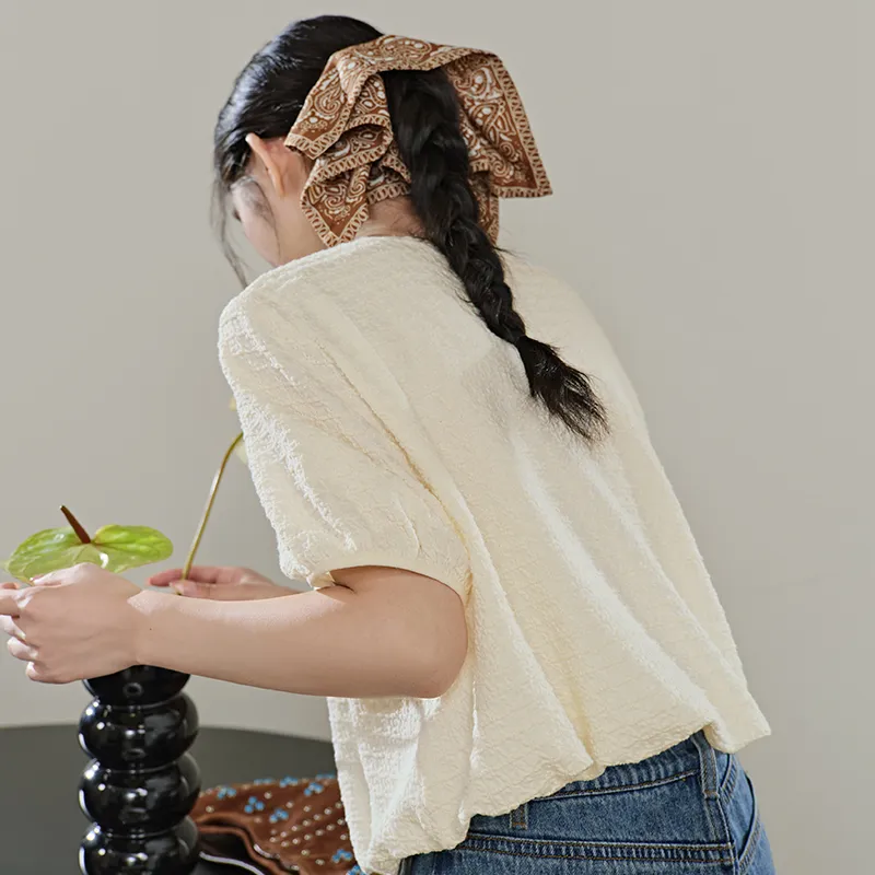 KUOSE Puff Sleeve T Shirt Women's Beige Apricot-6