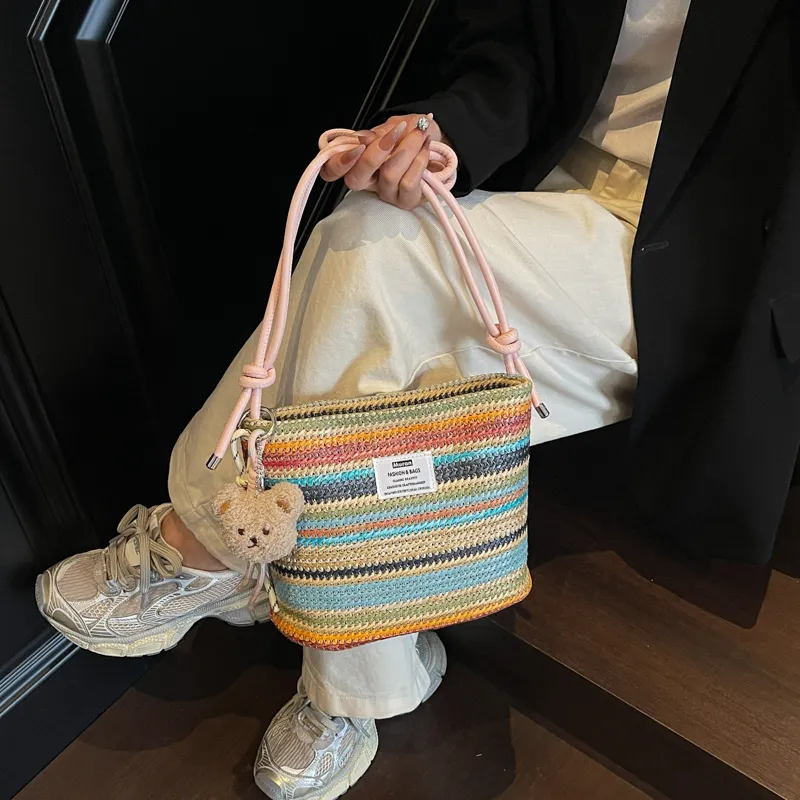 Kewuku Straw Woven Crossbody Bag, Shoulder Bag Unisex White/Blue-15