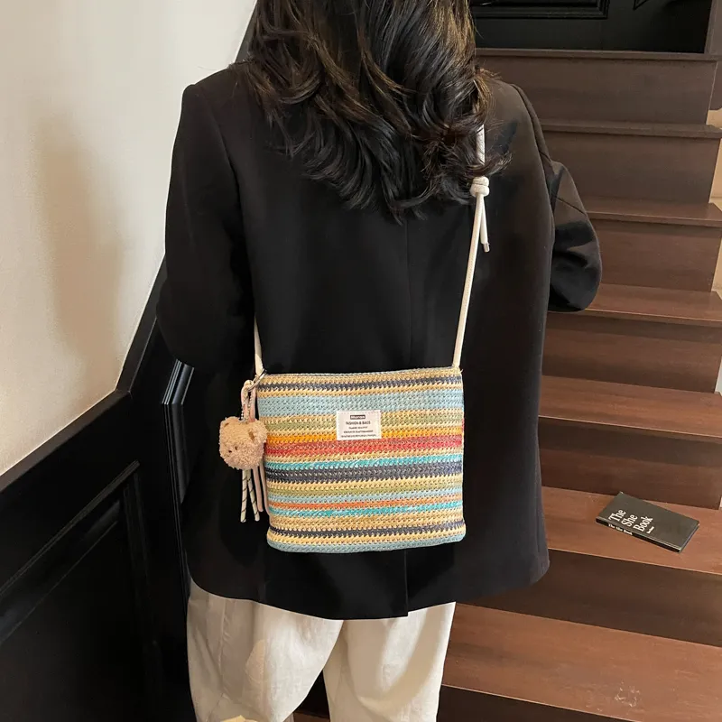 Kewuku Straw Woven Crossbody Bag, Shoulder Bag Unisex White/Blue-5