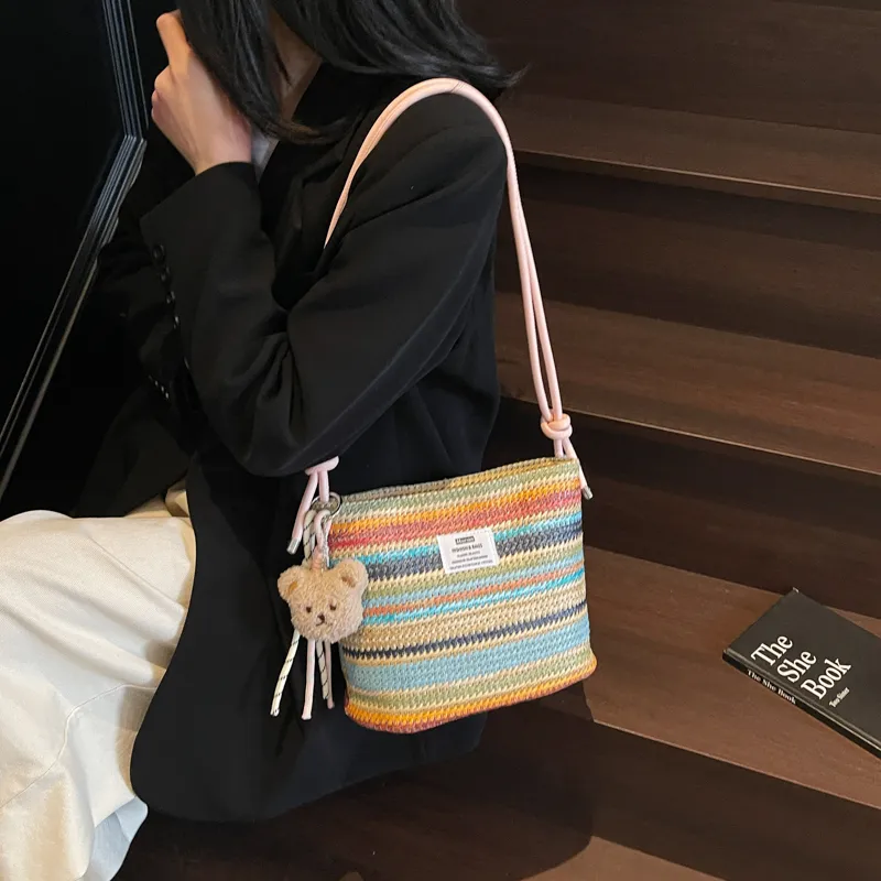 Kewuku Straw Woven Crossbody Bag, Shoulder Bag Unisex White/Blue-13