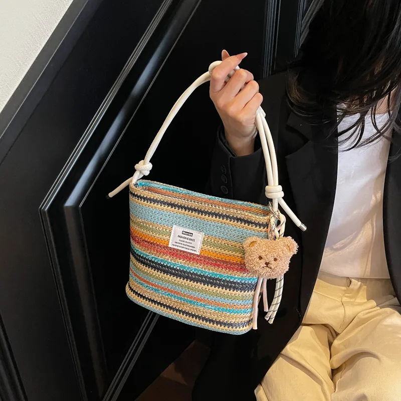 Kewuku Straw Woven Crossbody Bag, Shoulder Bag Unisex White/Blue-1