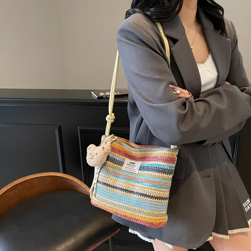Kewuku Straw Woven Crossbody Bag, Shoulder Bag Unisex White/Blue-6