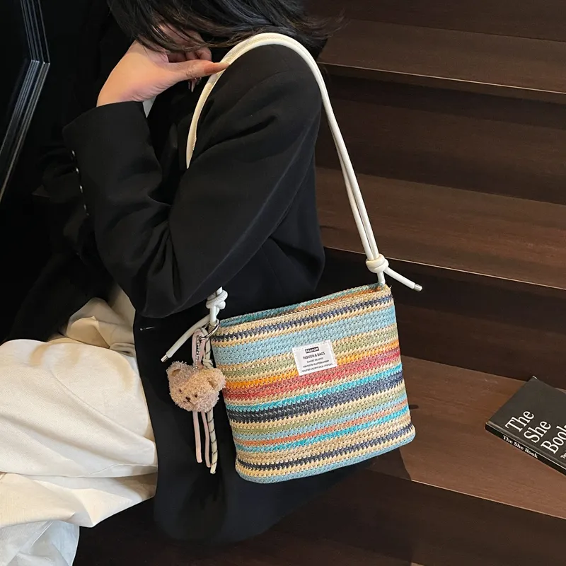 Kewuku Straw Woven Crossbody Bag, Shoulder Bag Unisex White/Blue-3