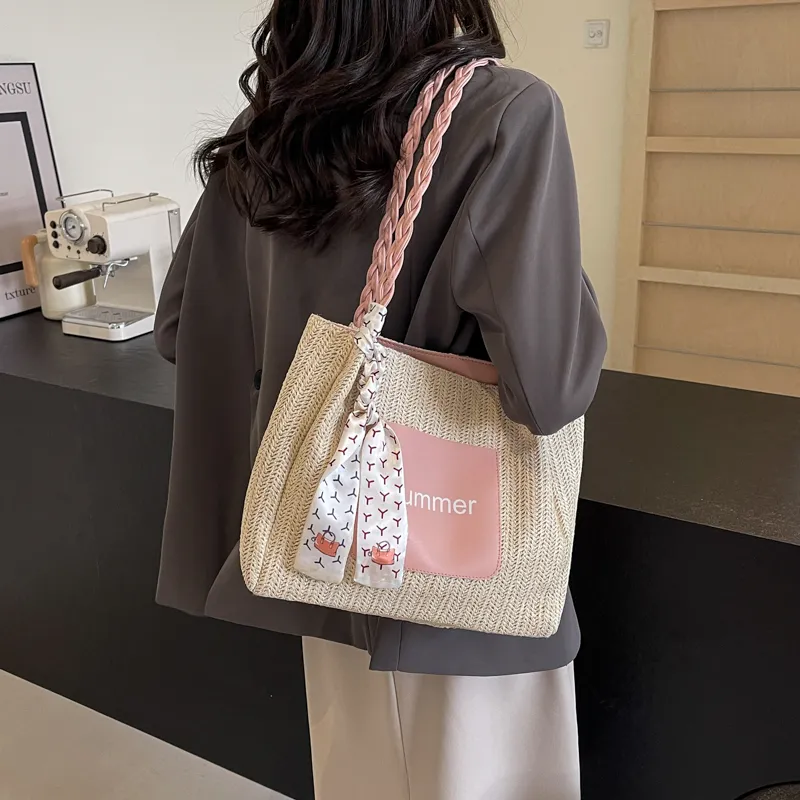 Kewuku Straw Woven Shoulder Bag Unisex Multicolor-12