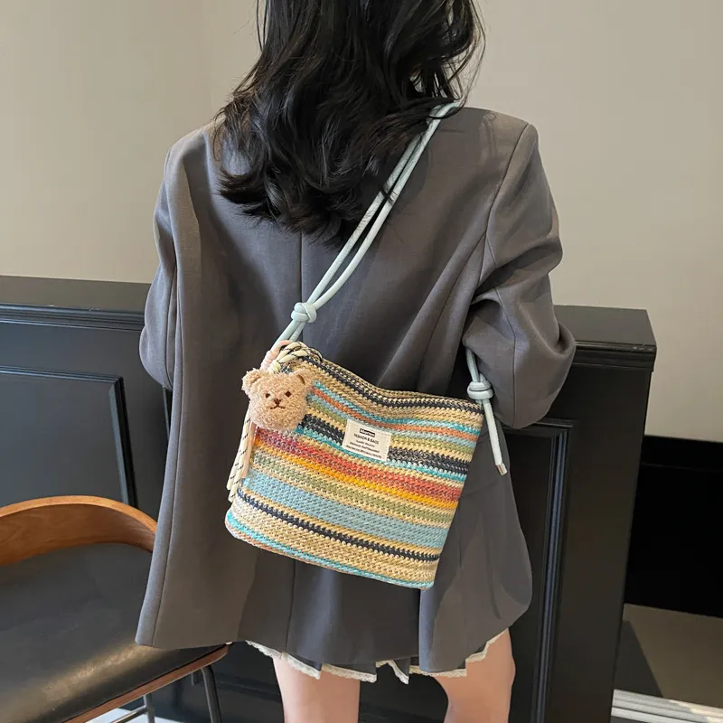 Kewuku Straw Woven Crossbody Bag, Shoulder Bag Unisex White/Blue-10