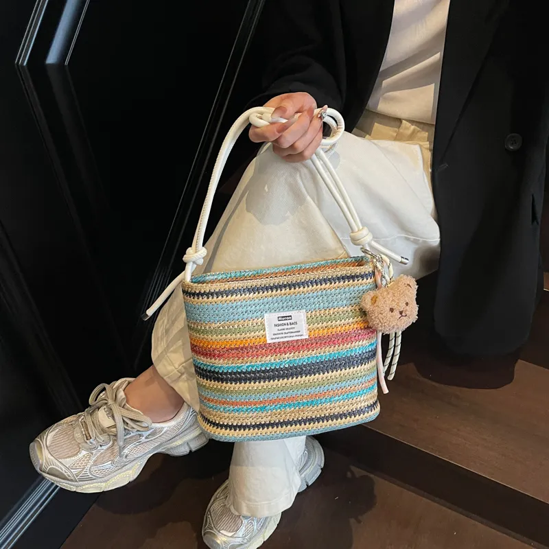 Kewuku Straw Woven Crossbody Bag, Shoulder Bag Unisex White/Blue-2