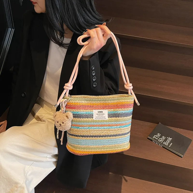 Kewuku Straw Woven Crossbody Bag, Shoulder Bag Unisex White/Blue-14