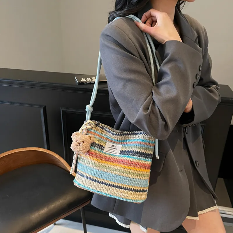 Kewuku Straw Woven Crossbody Bag, Shoulder Bag Unisex White/Blue-9