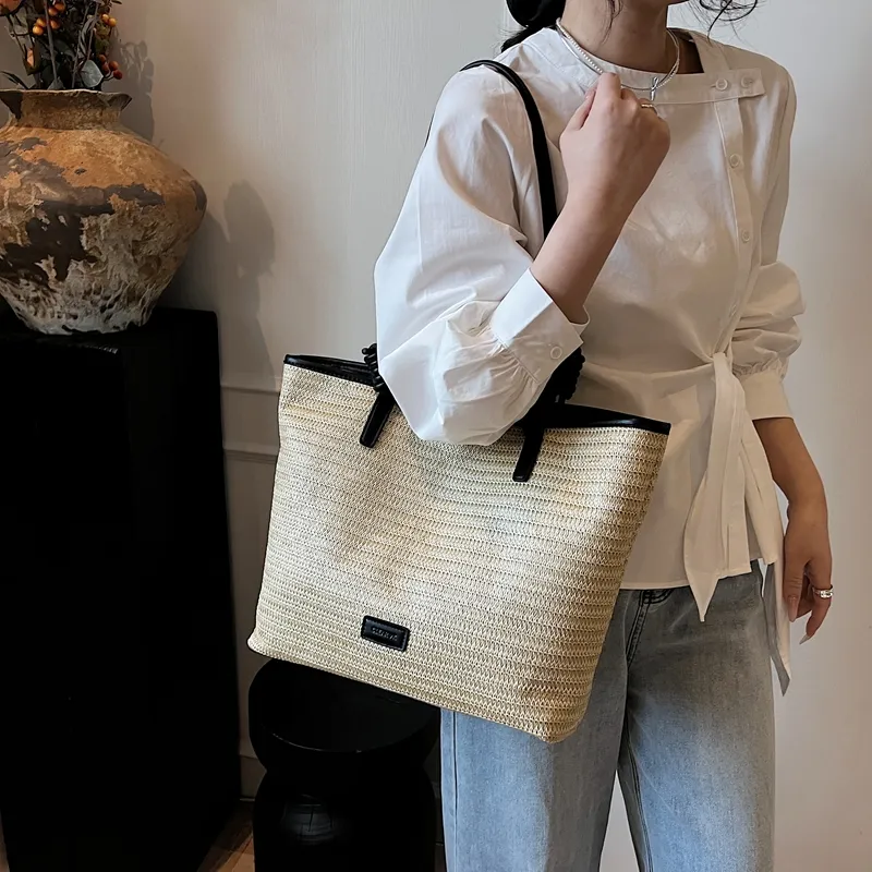 Kewuku Straw Woven Tote Bag, Shopping Bag, Shoulder Bag Unisex Multicolor-7