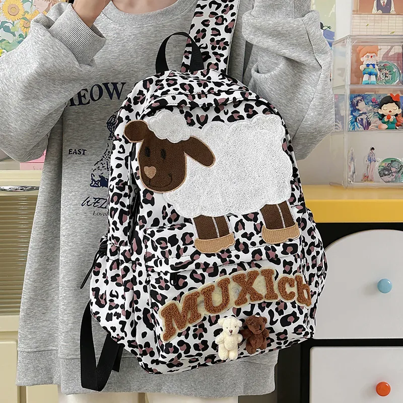 Kewuku Nylon Backpack Unisex White Leopard Print-4