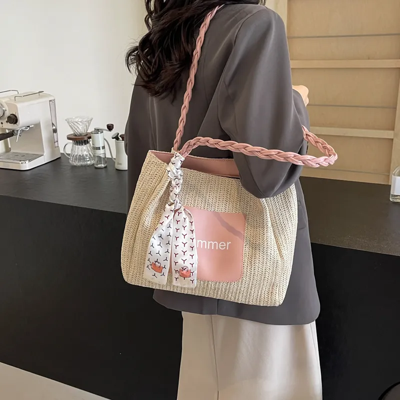 Kewuku Straw Woven Shoulder Bag Unisex Multicolor-13
