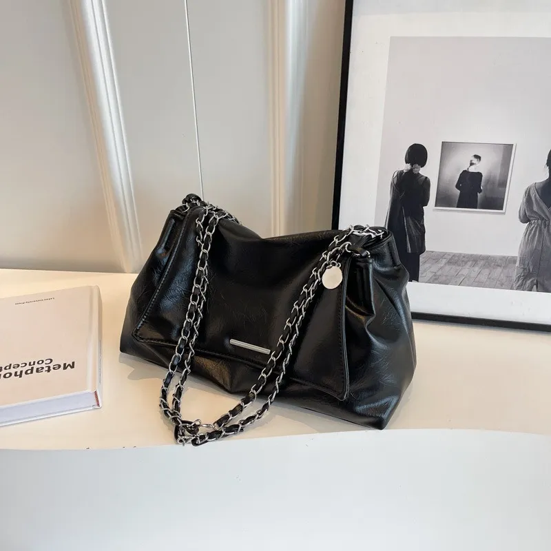 SEPTWOLVES PU Shoulder Bag Medium Size Women's Black/White/Silver-3