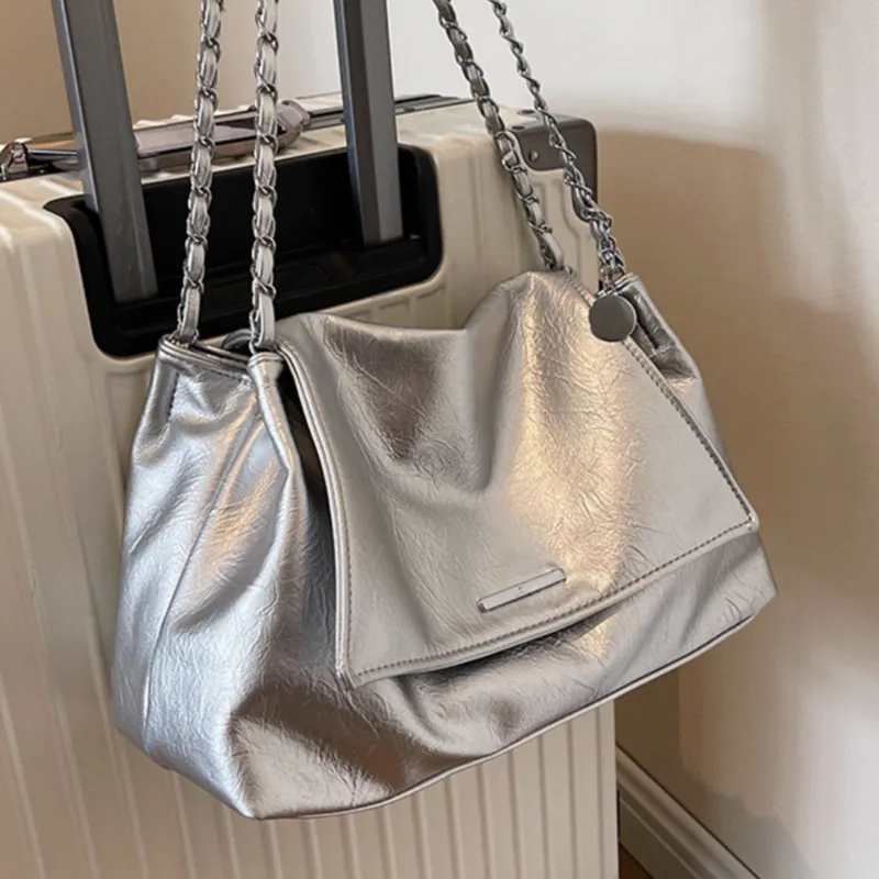 SEPTWOLVES PU Shoulder Bag Medium Size Women's Black/White/Silver-8