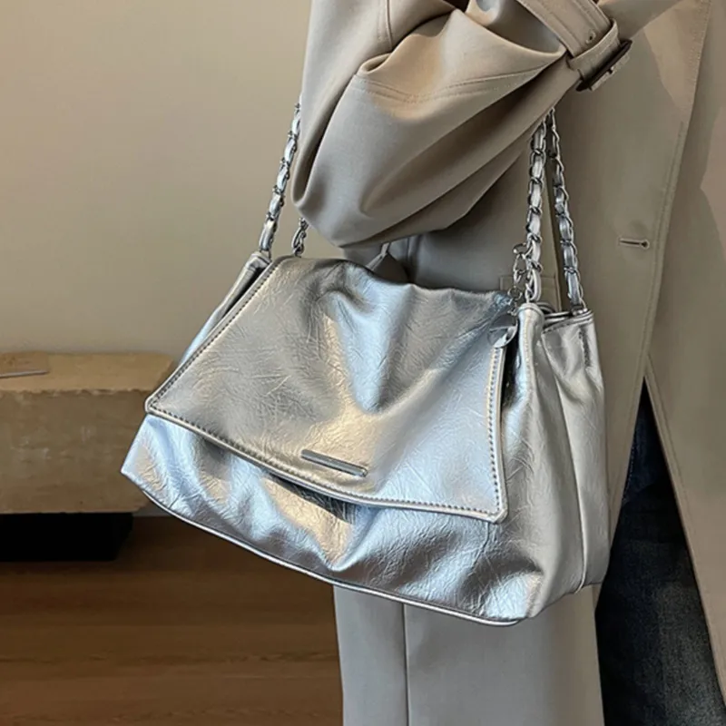 SEPTWOLVES PU Shoulder Bag Medium Size Women's Black/White/Silver-7