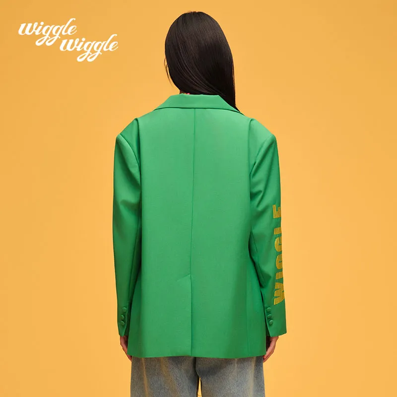 Wiggle Wiggle Letter Embroidery Loose Fit Business Suit Women's Green-1