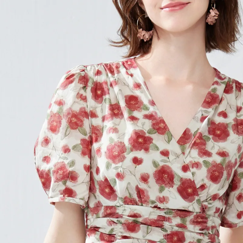 NAWAIN Short Sleeved Dress Women's Camellia Red-1