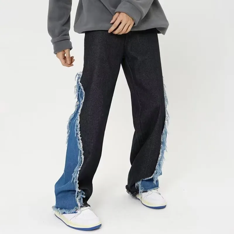 OG96 LAB Jeans Unisex Black Fringe Patchwork Color Block-2