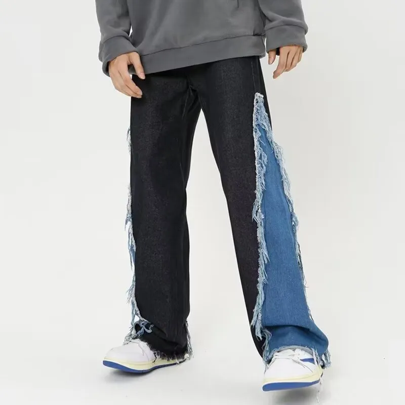 OG96 LAB Jeans Unisex Black Fringe Patchwork Color Block-3