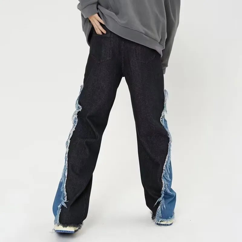 OG96 LAB Jeans Unisex Black Fringe Patchwork Color Block-5