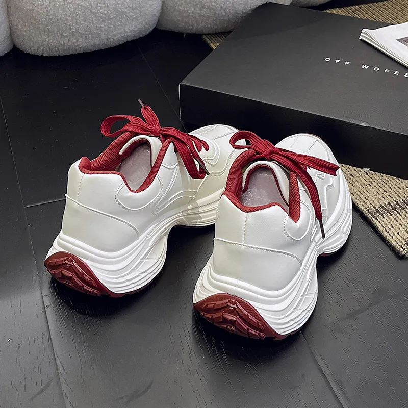 Budding Bear Anti-Slip And Wear-Resistant Lightweight Height Increasing Low-Top Chunky Sneakers Women's White Red-2
