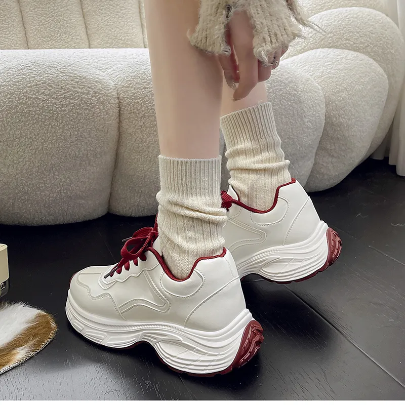 Budding Bear Anti-Slip And Wear-Resistant Lightweight Height Increasing Low-Top Chunky Sneakers Women's White Red-4