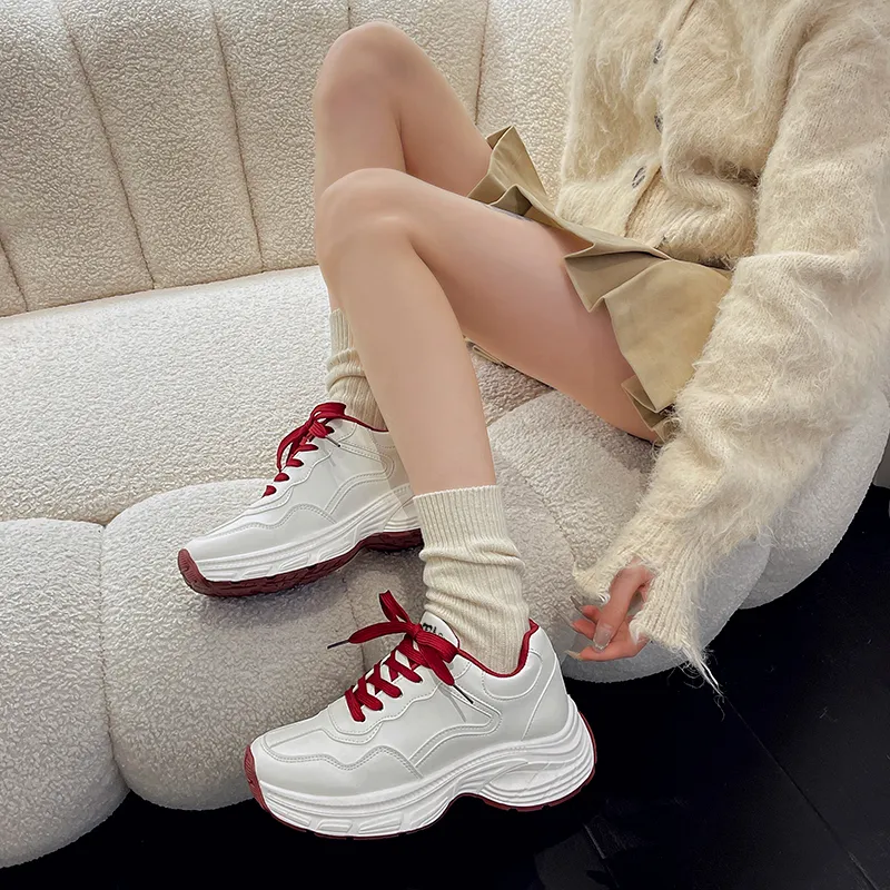 Budding Bear Anti-Slip And Wear-Resistant Lightweight Height Increasing Low-Top Chunky Sneakers Women's White Red-1