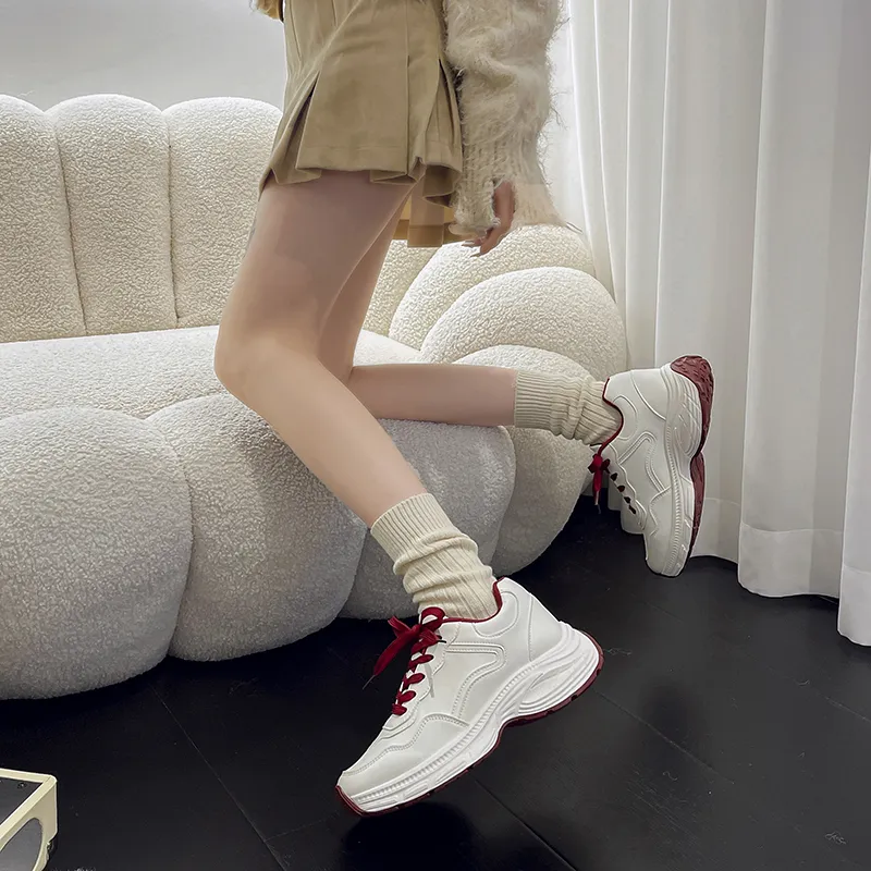 Budding Bear Anti-Slip And Wear-Resistant Lightweight Height Increasing Low-Top Chunky Sneakers Women's White Red-3