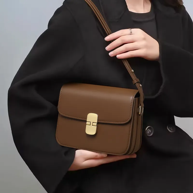 PT'SON Cow Leather Underarm Crossbody Bag, Shoulder Bag, Small Square Bag Regular Women's Dark Coffee-2