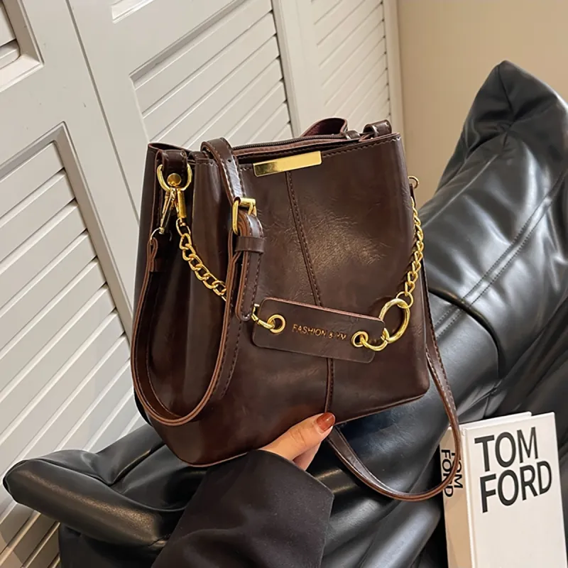 PT'SON Synthetic Leather Bucket Bag, Shoulder Bag Regular Women's Coffee-1