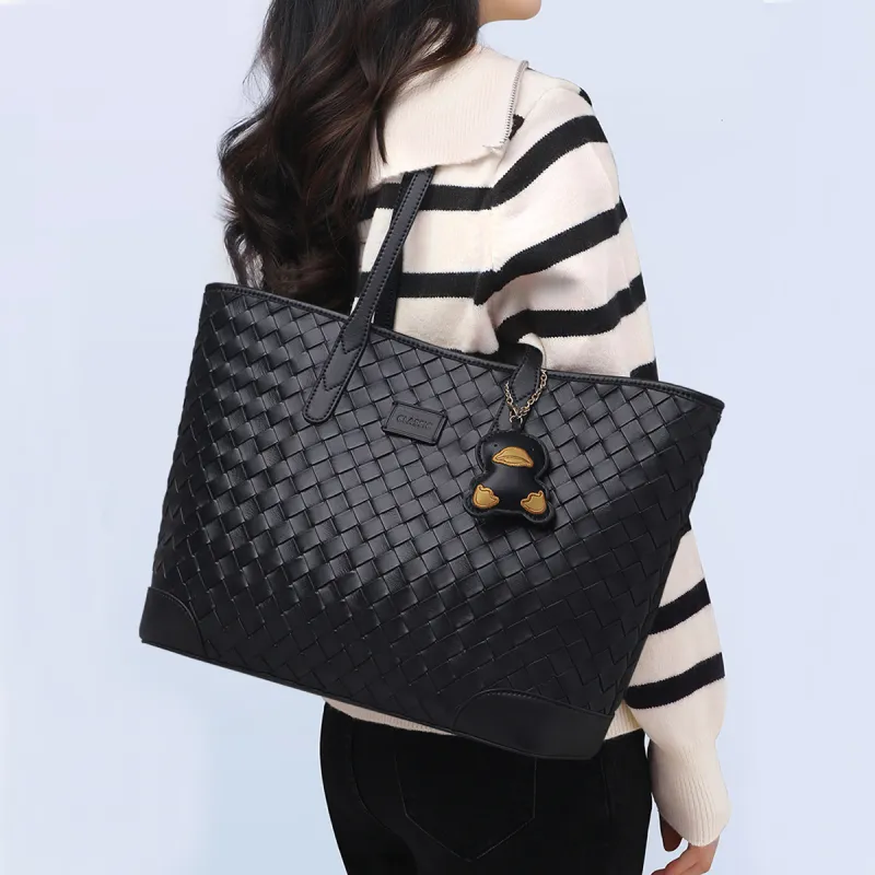 PT'SON Cow Leather Portable Underarm Shoulder Bag, Tote Bag, Shopping Bag Regular Women's Black-1