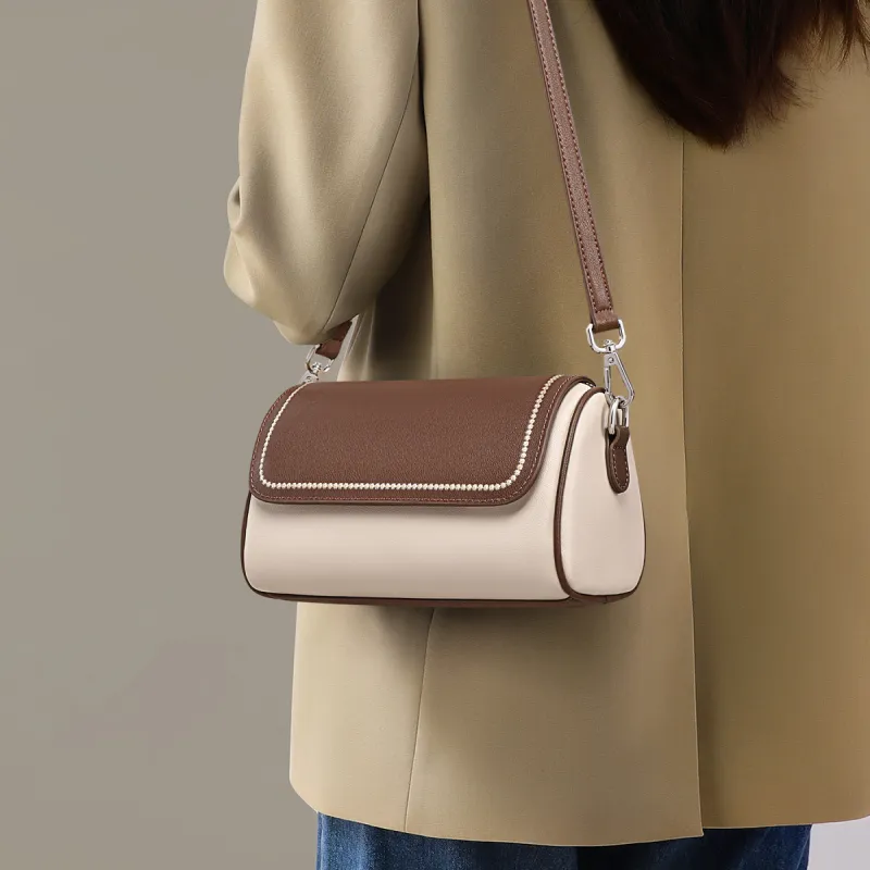 PT'SON Cow Leather Shoulder Bag, Crossbody Bag Regular Women's Ecru & Coffee-2
