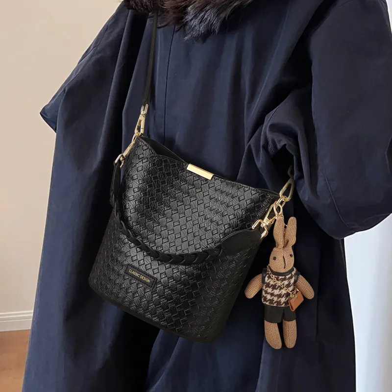 PT'SON Cow Leather Bucket Bag, Shoulder Bag, Crossbody Bag, Handbag Regular Women's Black-1