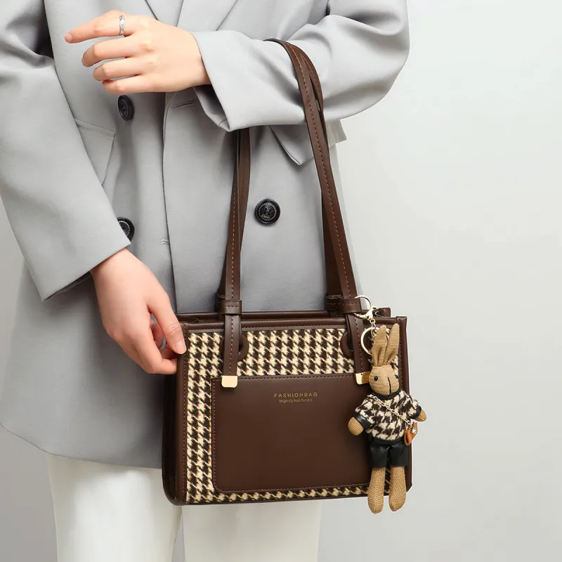 PT'SON Woolen With Synthetic Leather Portable Underarm Shoulder Bag Regular Women's Coffee-1