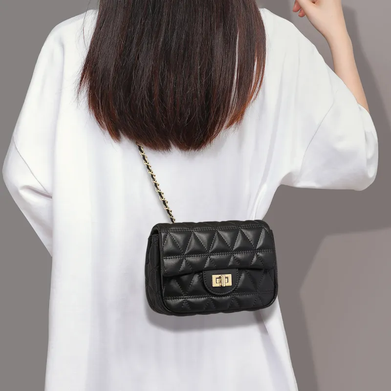 PT'SON Cow Leather Crossbody Bag, Small Square Bag Regular Women's Black-2