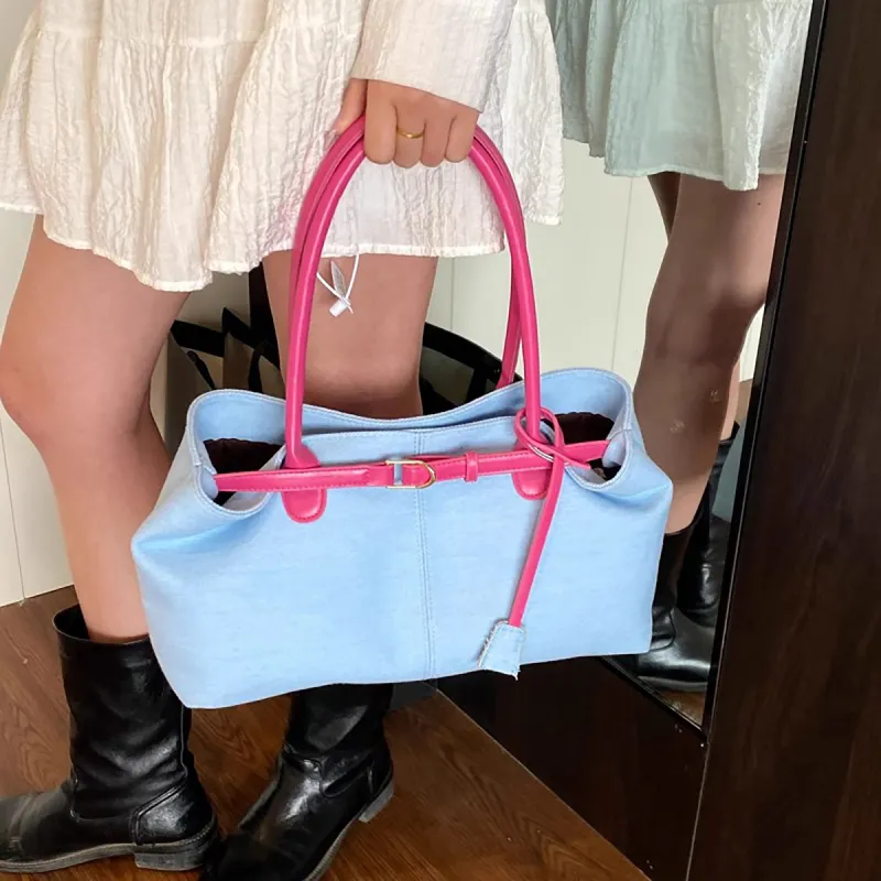 PT'SON Fabric Underarm Shoulder Bag Regular Women's Light Blue & Pink-3
