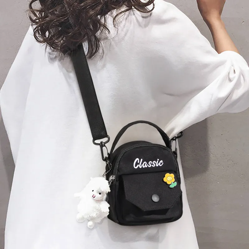 PT'SON Canvas Cell Phone Pouch, Shoulder Bag, Crossbody Bag, Handbag Regular Women's Ecru/Black-9