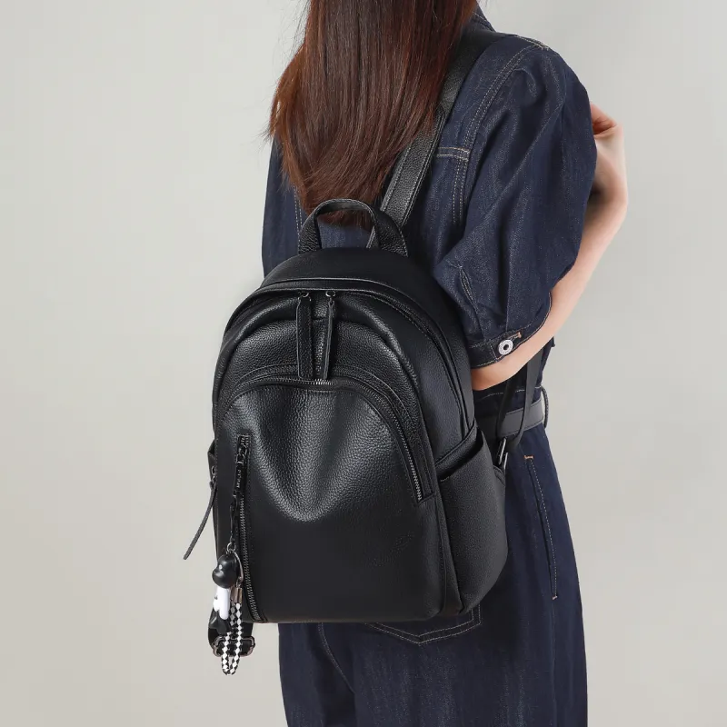PT'SON Cow Leather Backpack Regular Women's Black-1